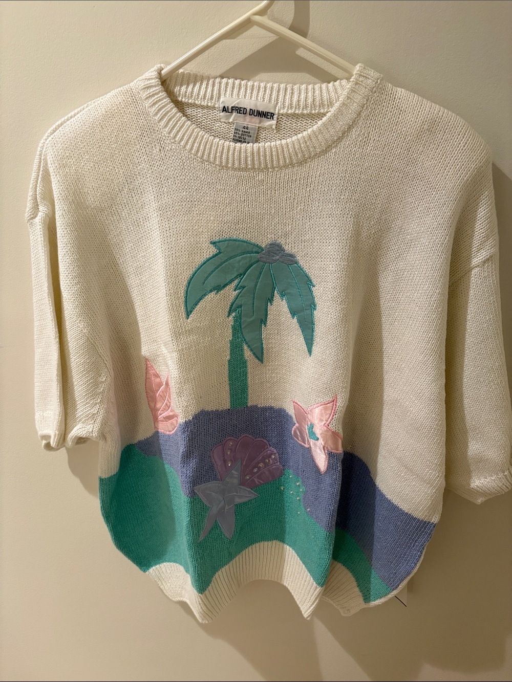Alfred Dunner Cream Sweater with Teal Palm & Pink Floral Accents